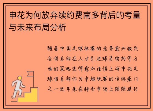 申花为何放弃续约费南多背后的考量与未来布局分析